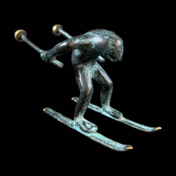 VTG Whimsical Solid Brass Frog Sculpture Figurine Ski figurine Ski lodge decor